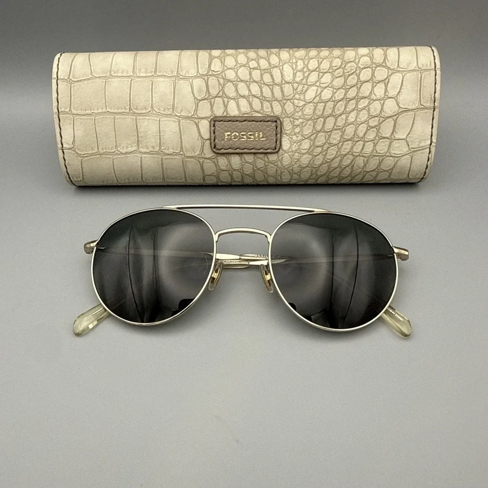 Fossil Authentic Sunglasses Gold Round Frames w/Green Polarized Lens with Case